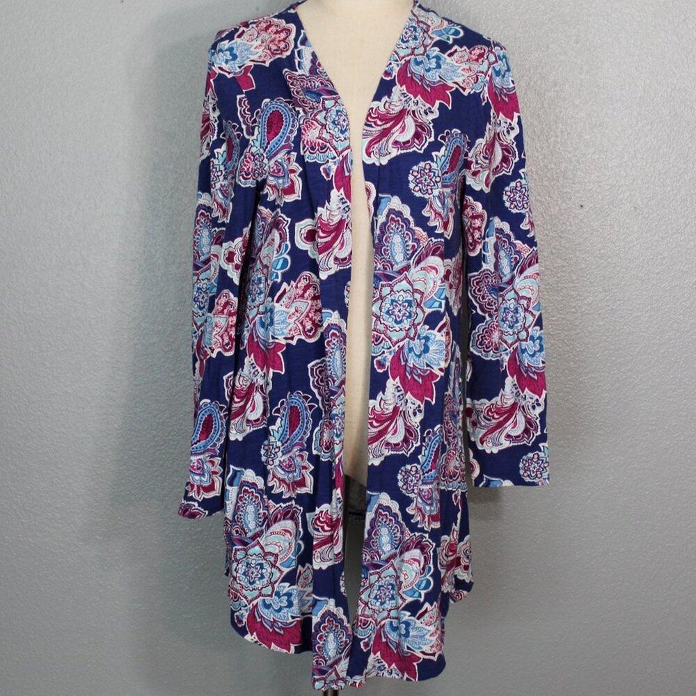 Chico's Blue Paisley Open Front Cotton Cardigan With Pockets Size M